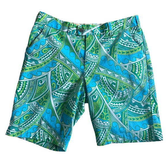Loudmouth Men’s Golf Shorts Size 34 Flat Front Retro Tiki Hawaiian Tribal Green - Picture 1 of 6